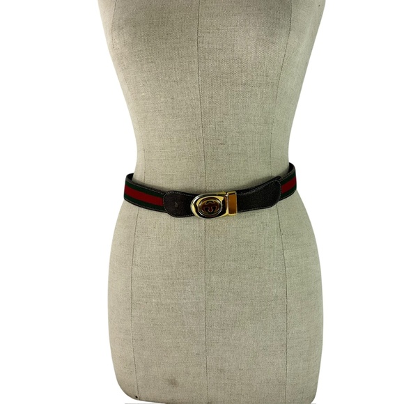 Genuine Vintage GUCCI Reversible Red Green Stripes Brown Leather GG belt 30 main image 9